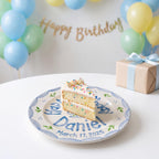 Personalized Birthday Plate – Blue Scalloped Border, Leaf Sprigs & Cake Design | B046