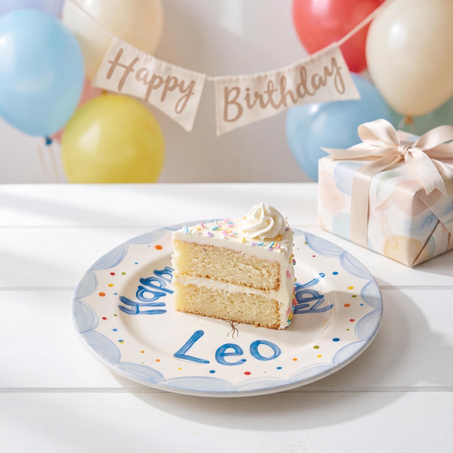 Personalized Birthday Plate – Blue Scalloped Edge with Balloons & Dots | B068