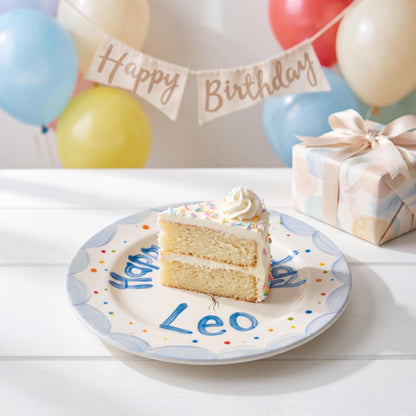 Personalized Birthday Plate – Blue Scalloped Edge with Balloons & Dots | B068