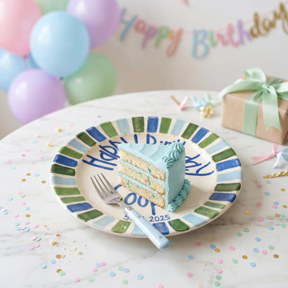Personalized Birthday Plate – Blue Cake & Green Blue Striped Border Design | B049
