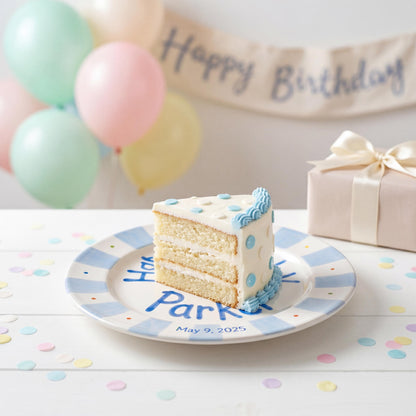 Personalized Birthday Plate – Blue Striped Cake & Polka Dot Design | B057
