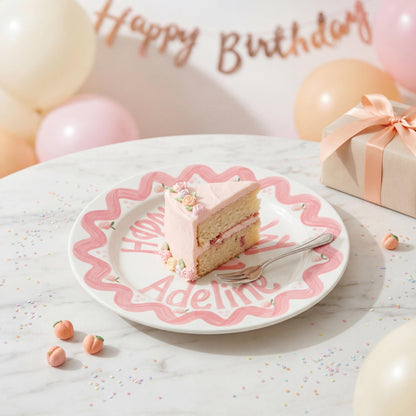 Personalized Birthday Plate – Pink Scallop Border & Cake Design | B062