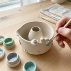 Handcrafted Sweet Cat & Tiny Cake 3D Ceramic Matcha Bowl and Whisk Holder Set – Pastel Mint Star Edition • HX13