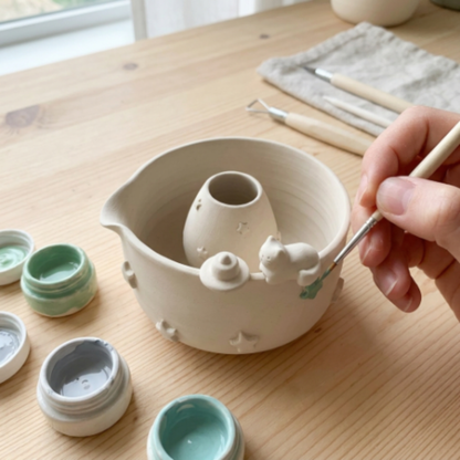 Handcrafted Sweet Cat & Tiny Cake 3D Ceramic Matcha Bowl and Whisk Holder Set – Pastel Mint Star Edition • HX13