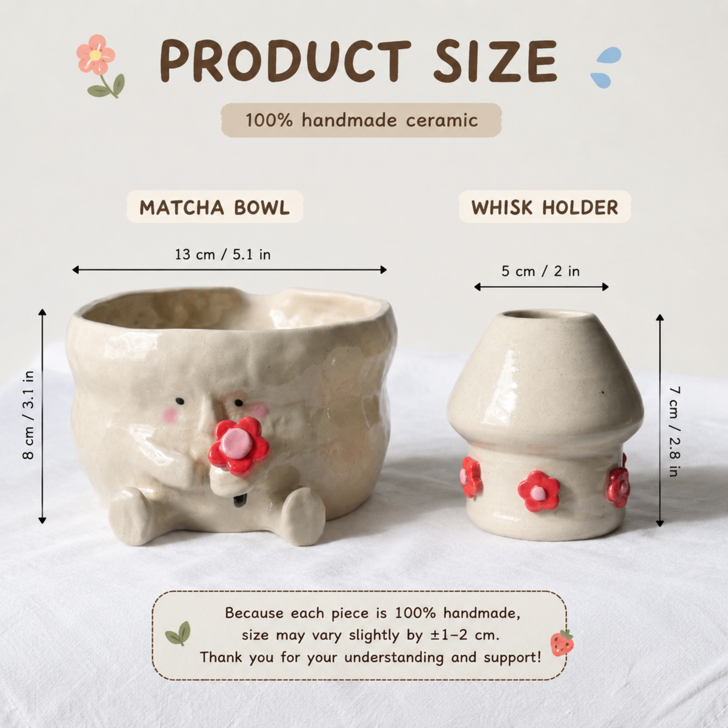 Handcrafted Flower Giving Creature Ceramic Matcha Bowl and Whisk Holder Set • HX44