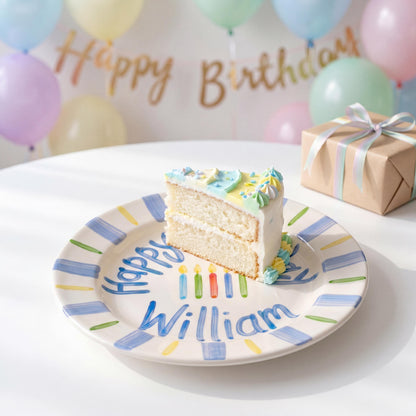 Personalized Birthday Plate – Blue Stripe & Colorful Candle Design | B070