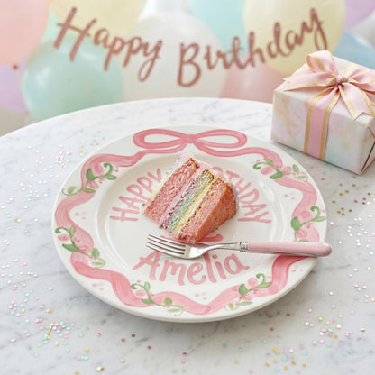Personalized Birthday Plate – Pink Bow Floral Ribbon & Cake Design | B060