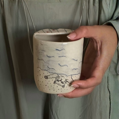 Handcrafted Ceramic Travel Mug with Built-in Lid, "Watch a Sad Movie" Cute Crying Cat Commuter Cup • HX23