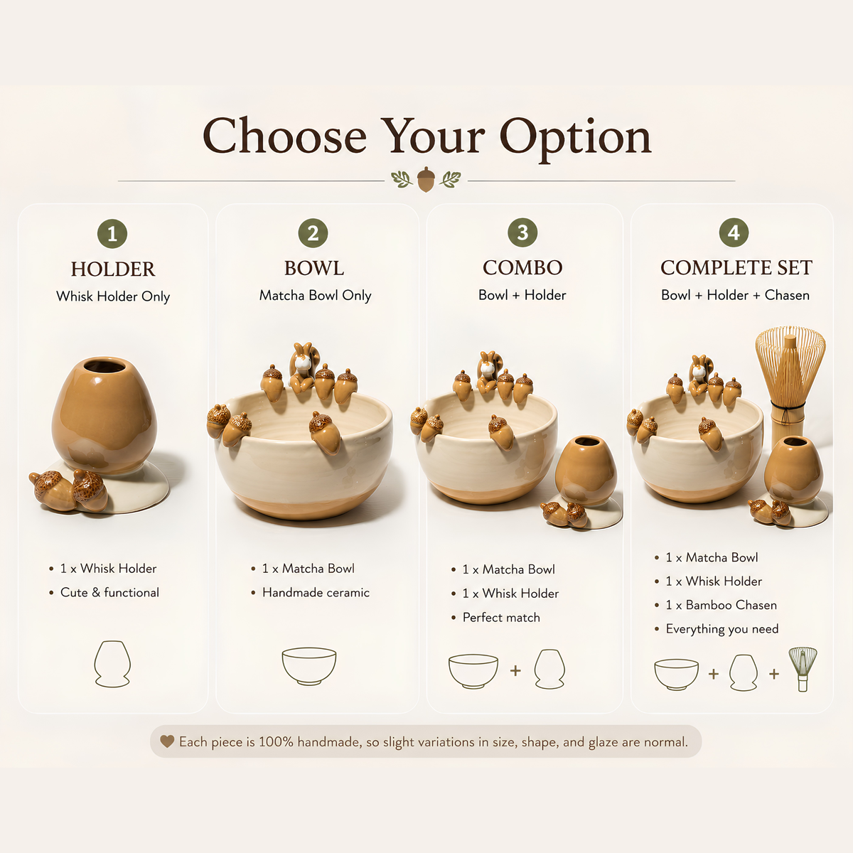 Autumn Forest Squirrel & Acorn 3D Handcrafted Ceramic Matcha Bowl and Whisk Holder Set • HX17