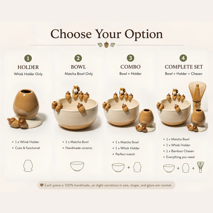Autumn Forest Squirrel & Acorn 3D Handcrafted Ceramic Matcha Bowl and Whisk Holder Set • HX17