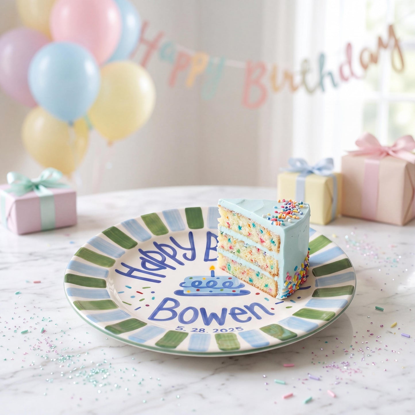 Personalized Birthday Plate – Green & Blue Stripe Cake & Candy Sprinkles Design | B067