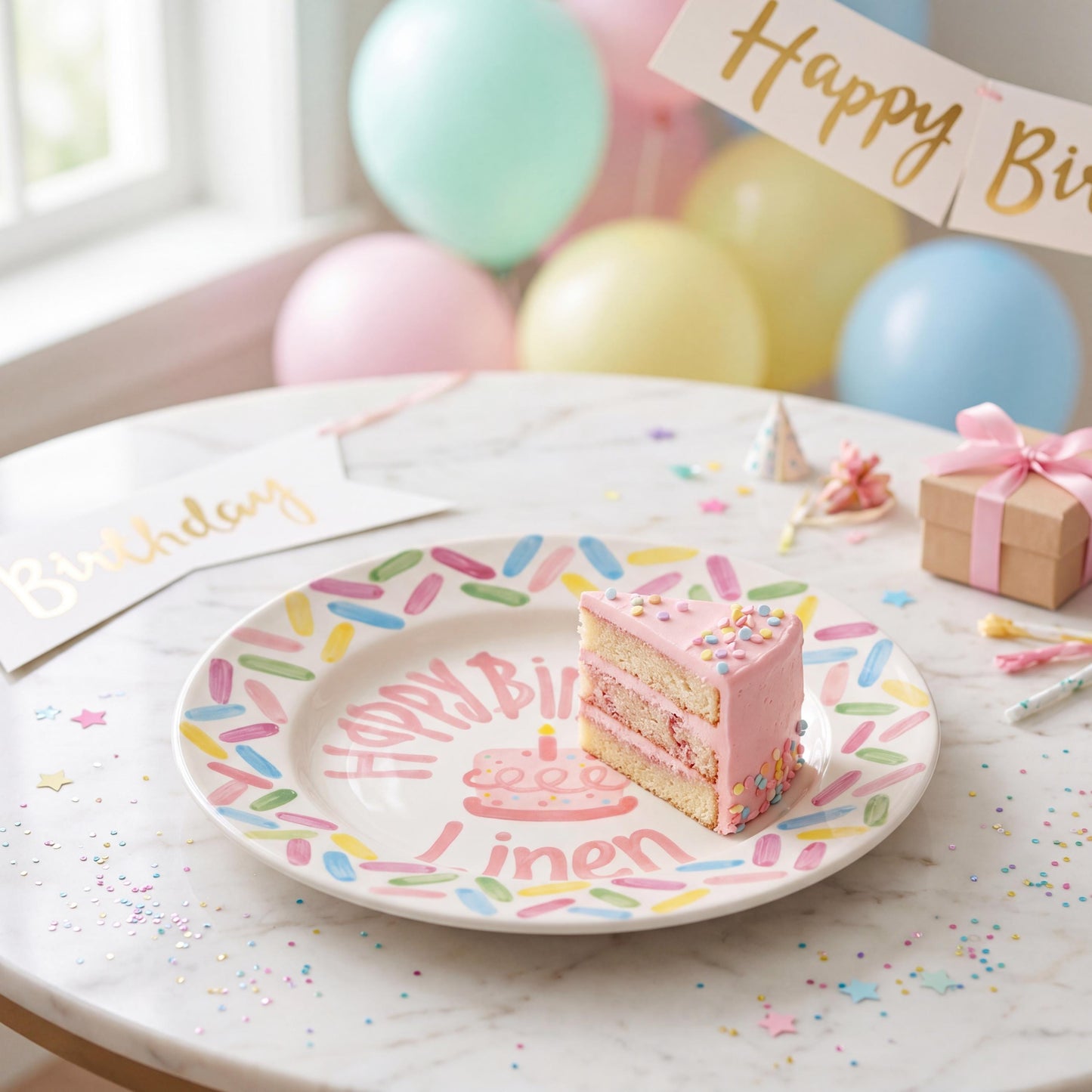 Personalized Birthday Plate – Pink Cake & Colorful Sprinkle Border Design | B055