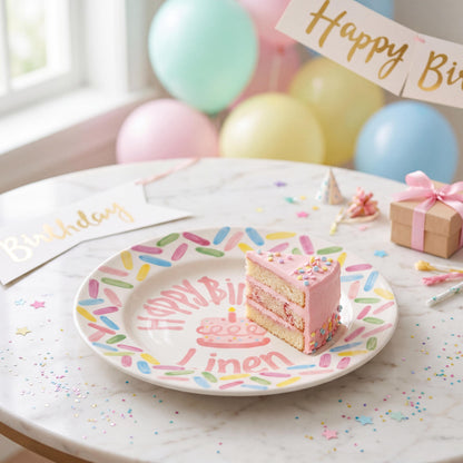 Personalized Birthday Plate – Pink Cake & Colorful Sprinkle Border Design | B055