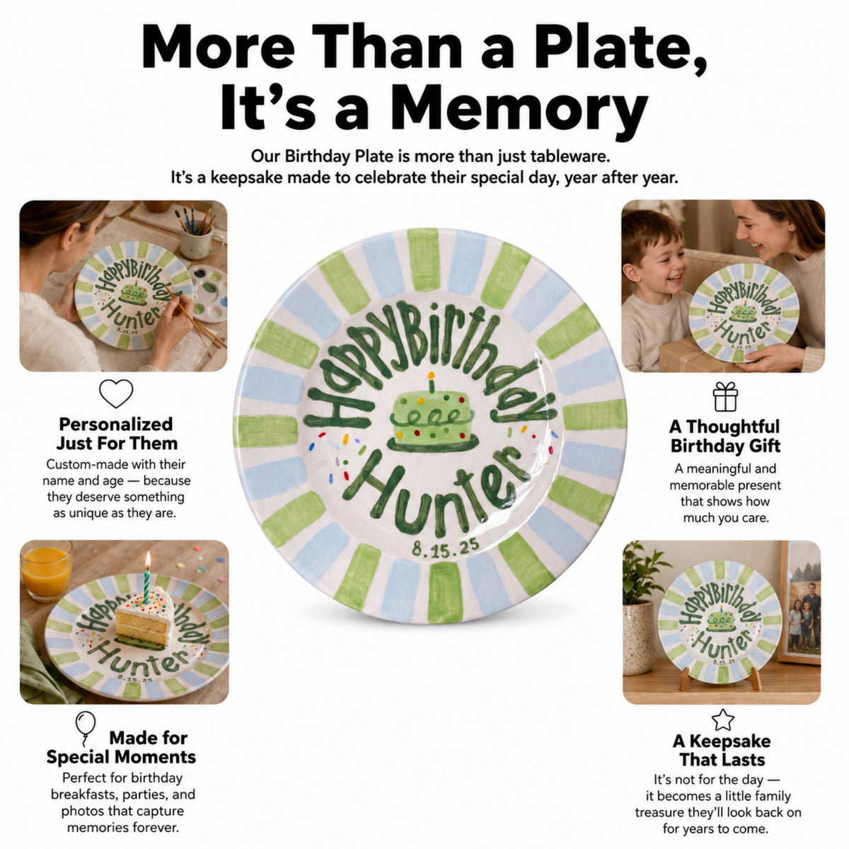 Personalized Green Blue Birthday Plate, Custom Ceramic Birthday Dish, Striped Cake Plate, Boys Birthday Tradition Heirloom Keepsake | B021