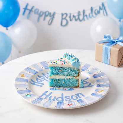Personalized Birthday Plate – Blue Striped Cake & Sprinkles Design | B009