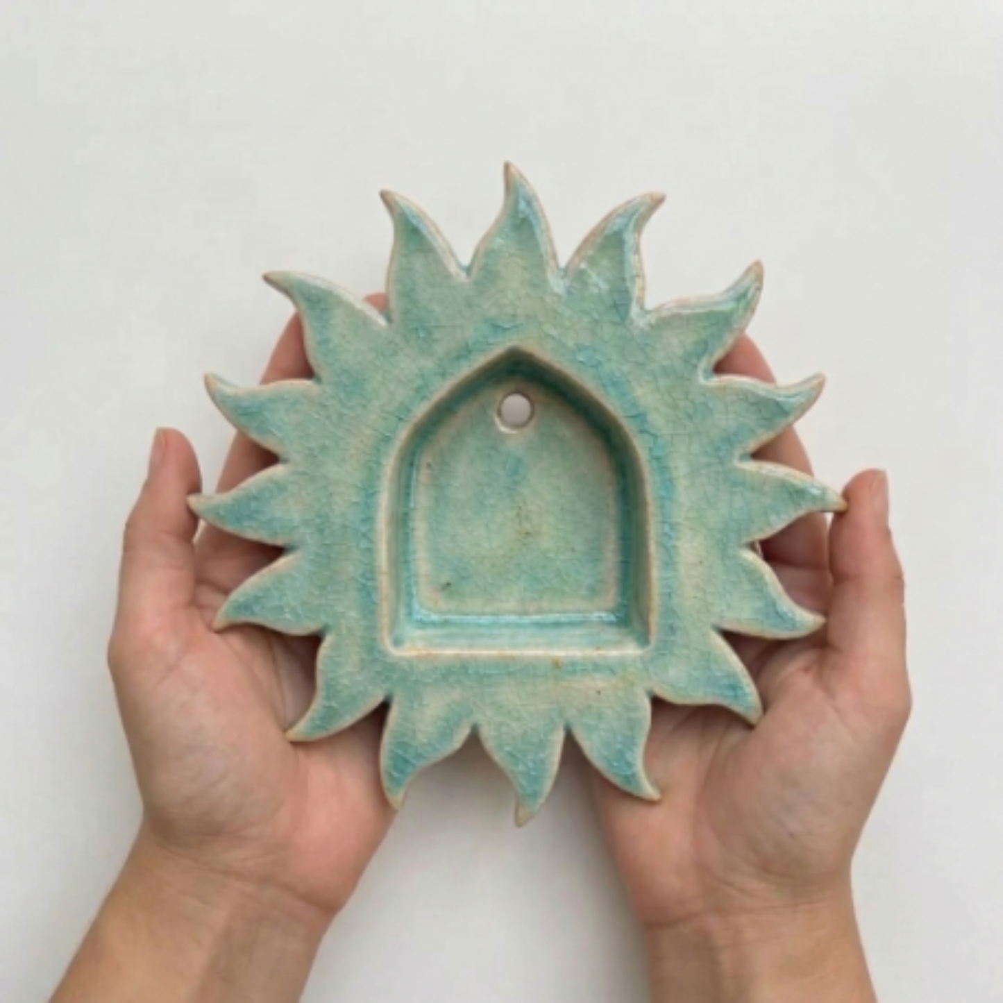 Handcrafted Red Sunburst Ceramic Wall Candle Sconce, Burgundy Sun Medallion Tealight Holder • HX35