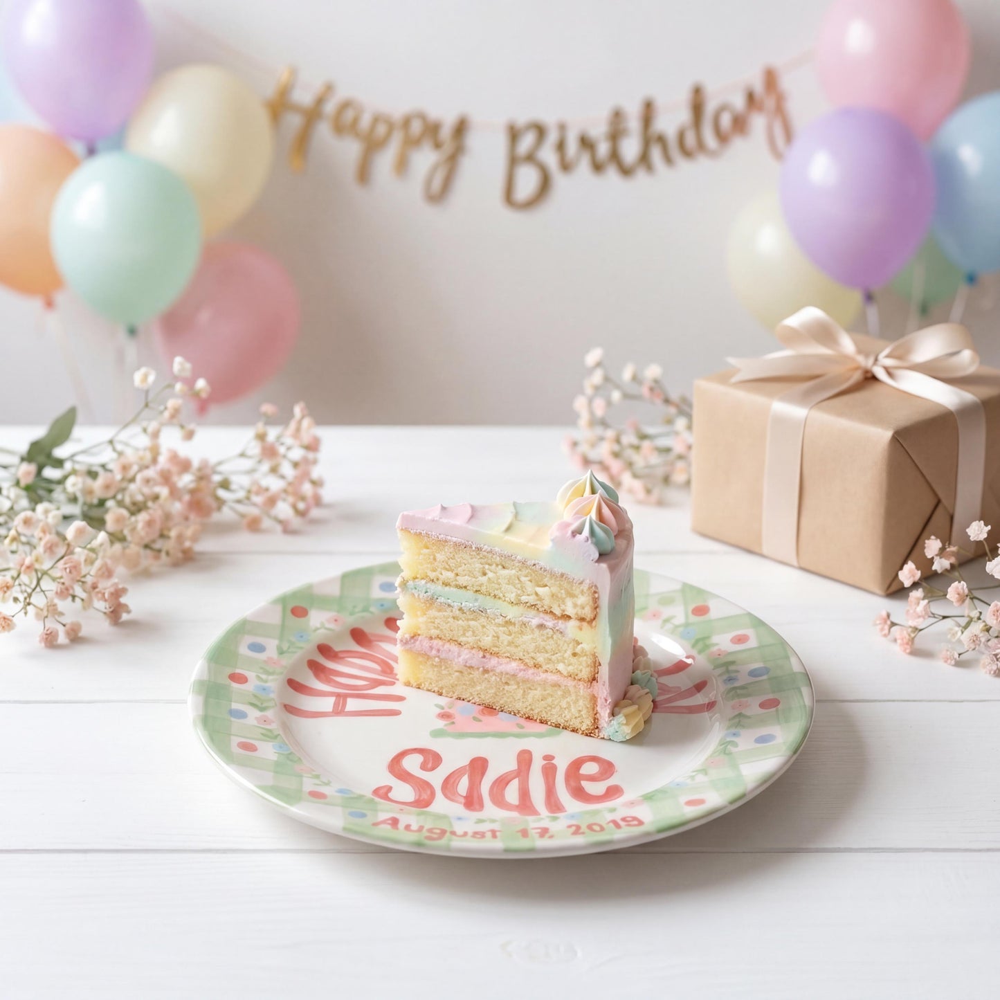 Personalized Birthday Plate – Green Gingham, Flowers & Pink Cake Design | B066