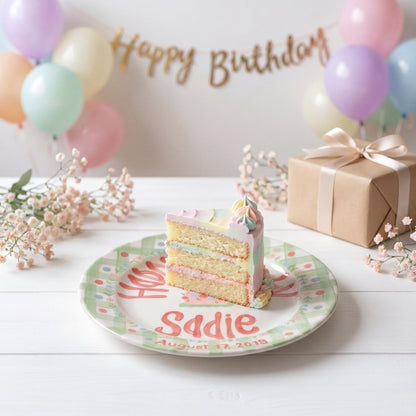 Personalized Birthday Plate – Green Gingham, Flowers & Pink Cake Design | B066