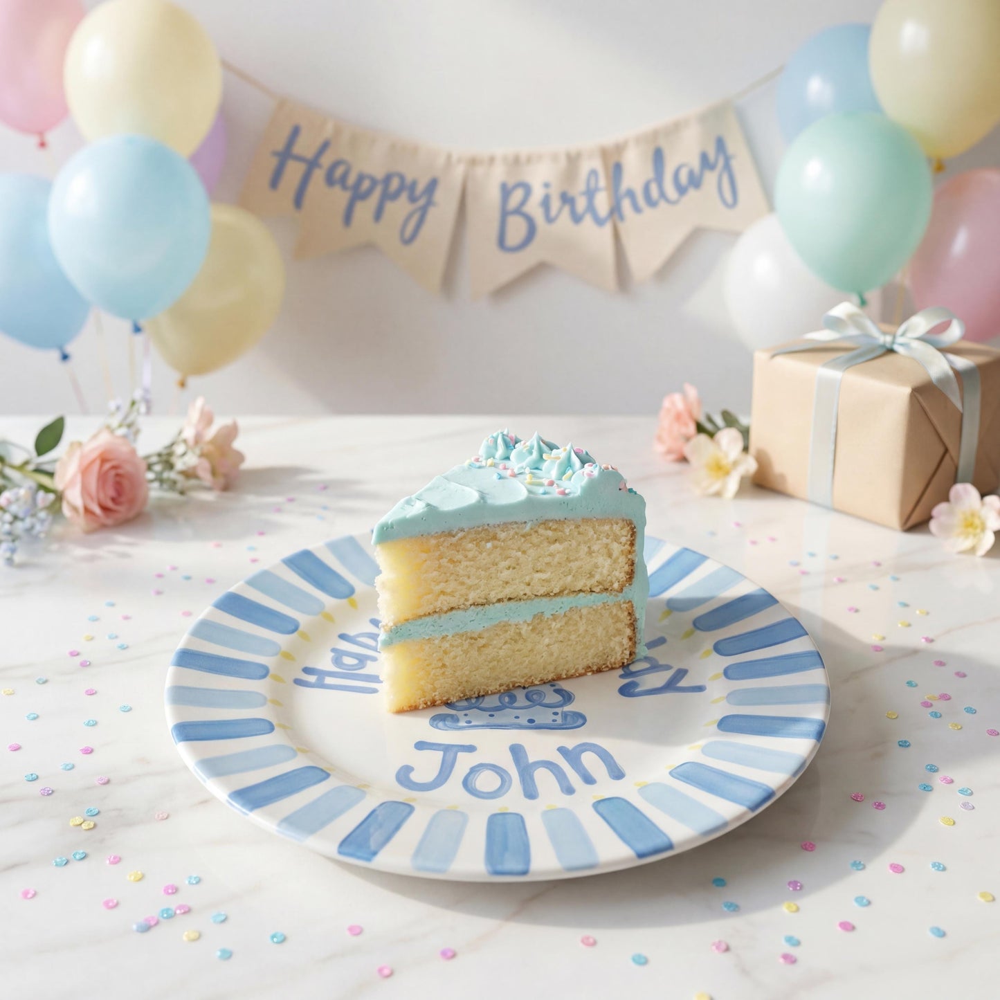 Personalized Birthday Plate – Blue Cake & Stripe Design | B032
