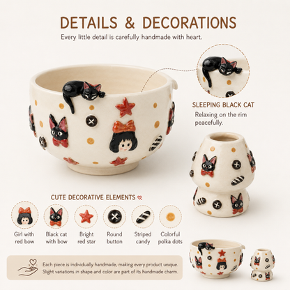 Kiki's Delivery Service 3D Handcrafted Ceramic Matcha Bowl and Jiji Whisk Holder Set • HX12