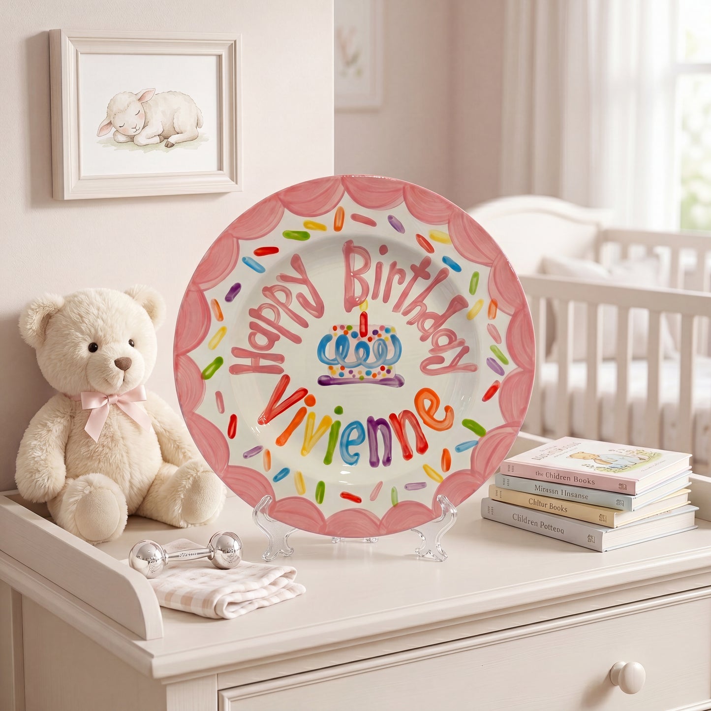 Personalized Birthday Plate – Pink Scalloped Border, Colorful Sprinkles & Cake Design | BHL010
