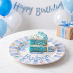 Personalized Birthday Plate – Blue Striped Cake & Sprinkles Design | B009
