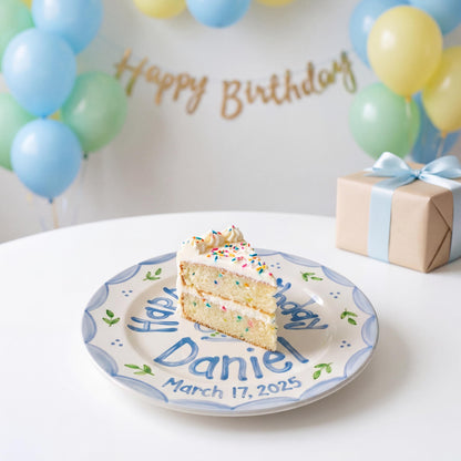 Personalized Birthday Plate – Blue Scalloped Border, Leaf Sprigs & Cake Design | B046