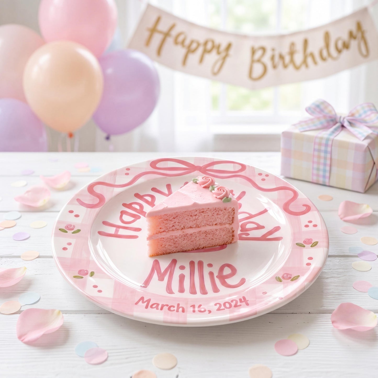 Personalized Birthday Plate – Pink Gingham Bow & Floral Cake Design | B059