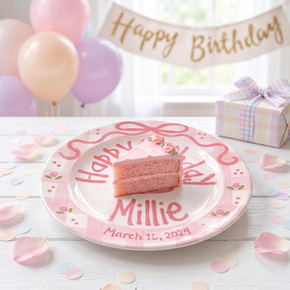 Personalized Birthday Plate – Pink Gingham Bow & Floral Cake Design | B059