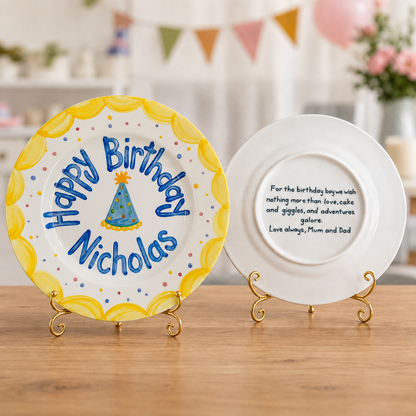 Personalized Yellow Birthday Plate, Custom Ceramic Birthday Dish, Yellow Scallop Party Hat Plate, Boys Birthday Keepsake | B002