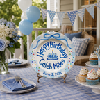 Personalized Blue Birthday Plate, Custom Ceramic Birthday Dish, Blue Gingham Ribbon Bow Plate, Boys Birthday Tradition Heirloom Keepsake | B094