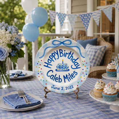 Personalized Blue Birthday Plate, Custom Ceramic Birthday Dish, Blue Gingham Ribbon Bow Plate, Boys Birthday Tradition Heirloom Keepsake | B094