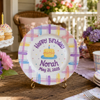 Custom Hand Painted Ceramic Birthday Plate, Pastel Plaid Cake Dish, Personalized Birthday Plate Date, First Birthday Gift Girl | B003