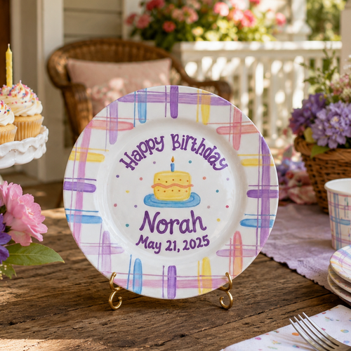 Custom Hand Painted Ceramic Birthday Plate, Pastel Plaid Cake Dish, Personalized Birthday Plate Date, First Birthday Gift Girl | B003