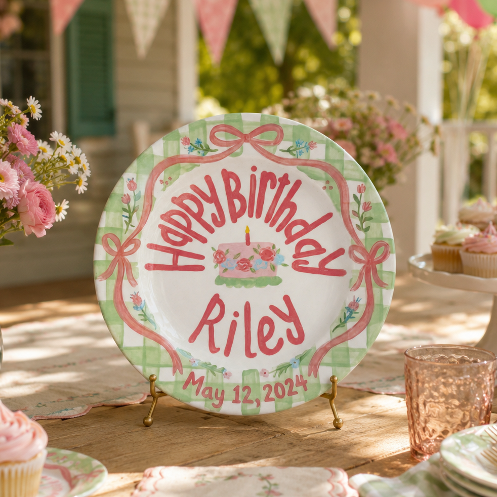 Personalized Green Birthday Plate, Custom Ceramic Birthday Dish, Green Gingham Pink Bow Plate, Girls Birthday Tradition Keepsake | B095