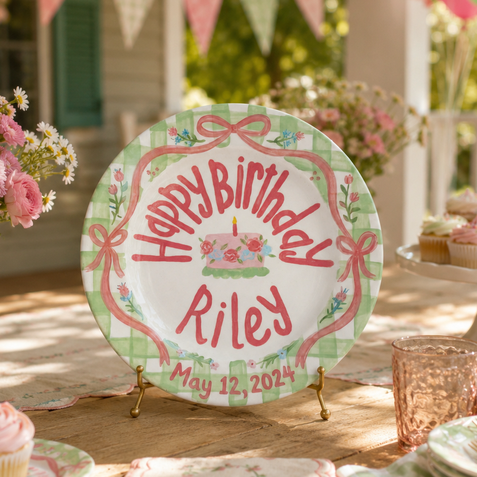 Custom Hand Painted Ceramic Birthday Plate, Green Gingham Floral Plate, Personalized Birthday Plate Date, First Birthday Gift Girl | B095