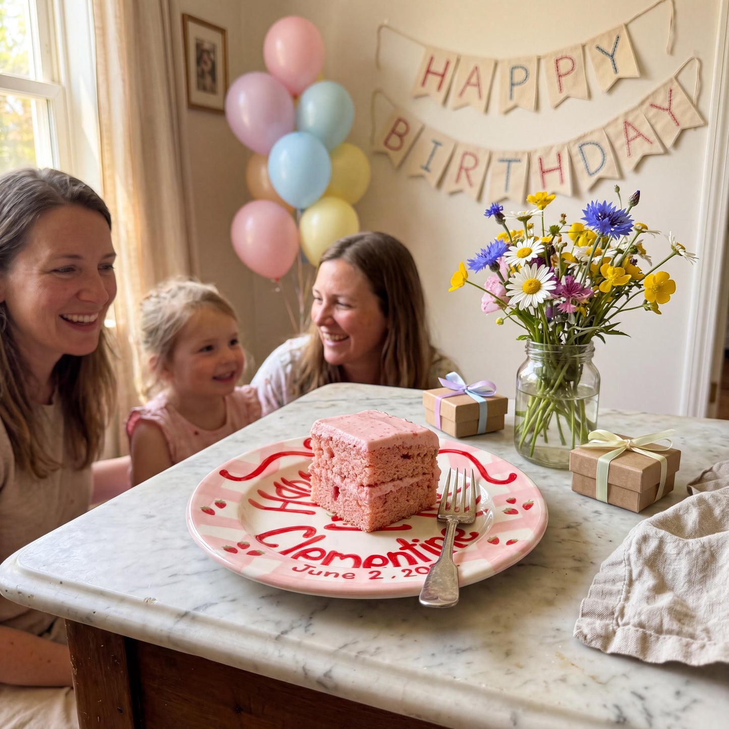 Personalized Birthday Plate – Pink Checkered Strawberry Cake & Bow Design | B071