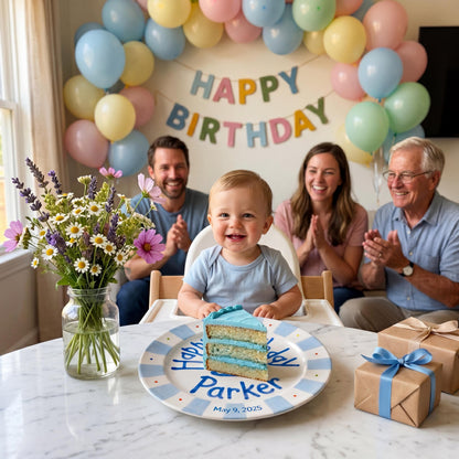 Personalized Birthday Plate – Blue Striped Cake & Polka Dot Design | B057