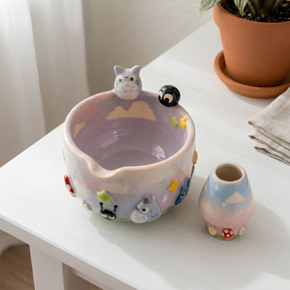 Totoro Matcha Bowl Set, Woodland Inspired Pottery, Anime Inspired Decor| Handmade Ceramic Chawan | LA023