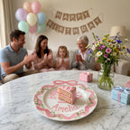 Personalized Birthday Plate – Pink Bow Floral Ribbon & Cake Design | B060