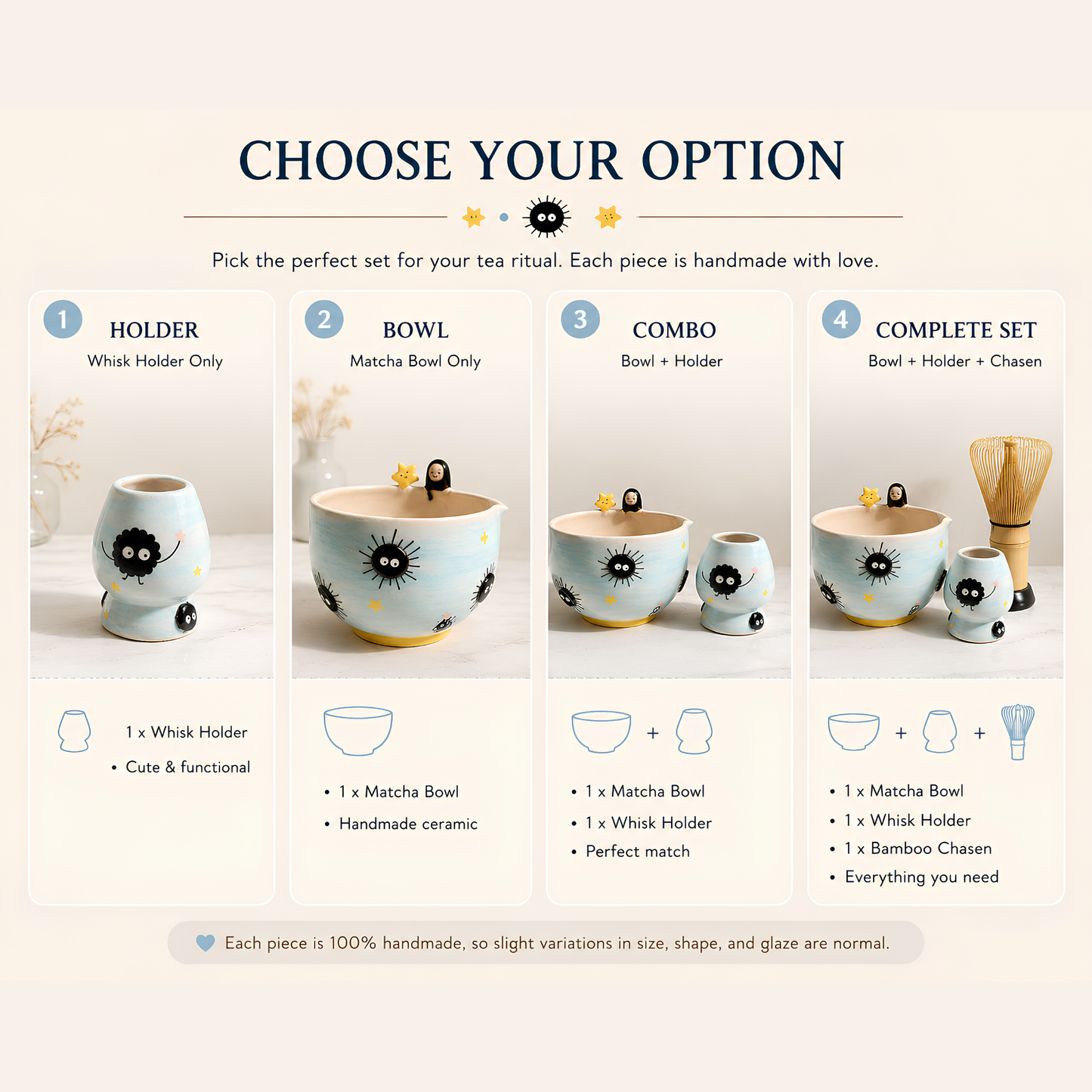 Spirited Away No-Face & Soot Sprite 3D Handcrafted Ceramic Matcha Bowl and Whisk Holder Set • HX18
