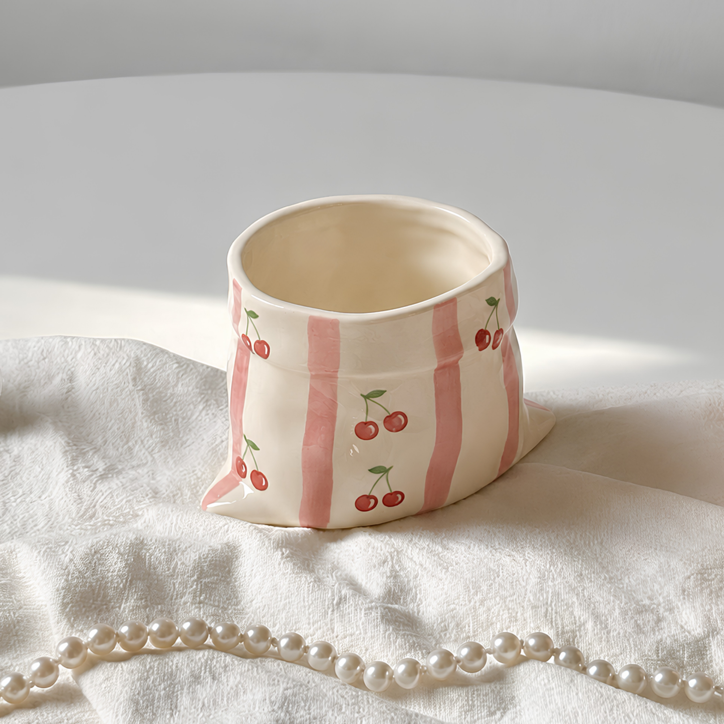 Handcrafted Blueberry Ceramic Bag Mug, Cute Hand-painted Blue Stripe Paper Bag Shaped Cup • HX43
