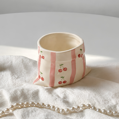 Handcrafted Blueberry Ceramic Bag Mug, Cute Hand-painted Blue Stripe Paper Bag Shaped Cup • HX43