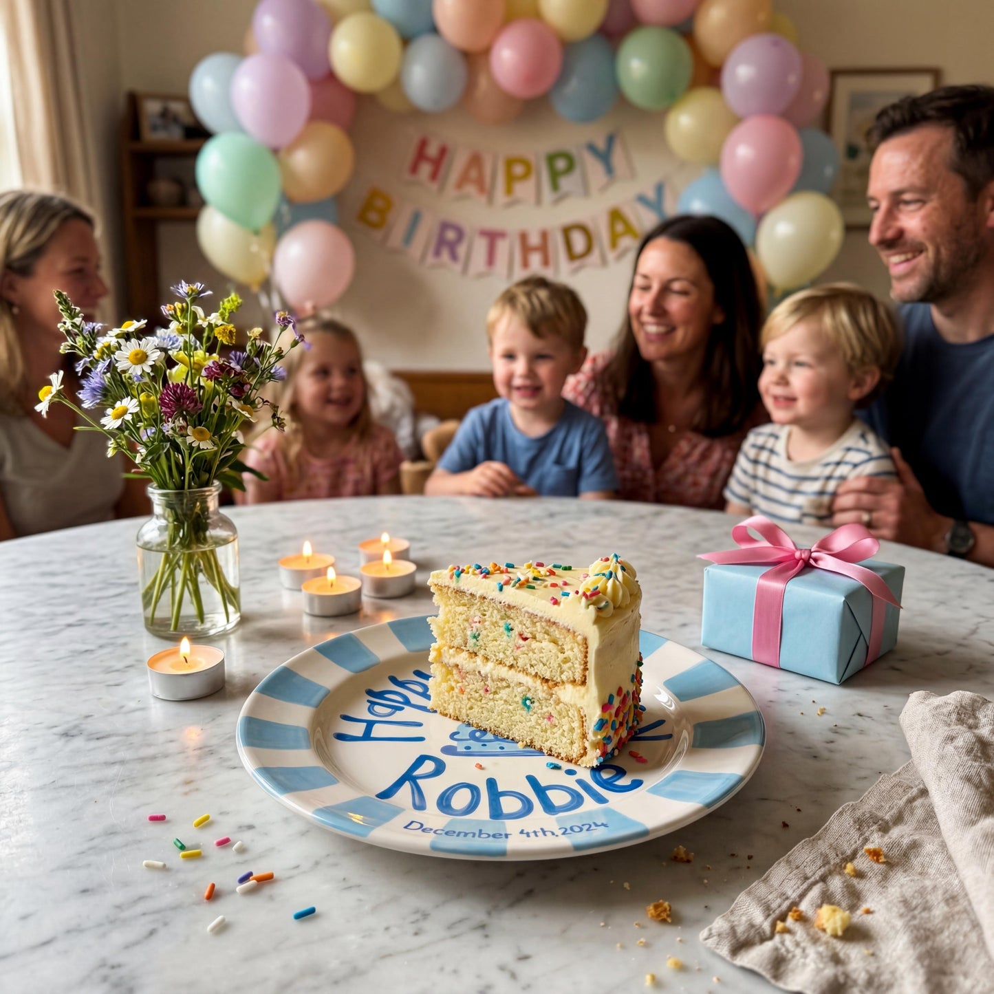 Custom Name Birthday Plate – Blue Stripe Border & Cake Design | B056