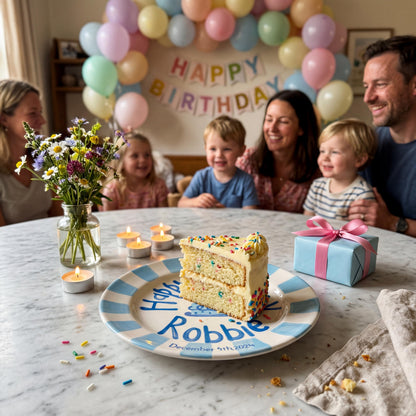 Custom Name Birthday Plate – Blue Stripe Border & Cake Design | B056