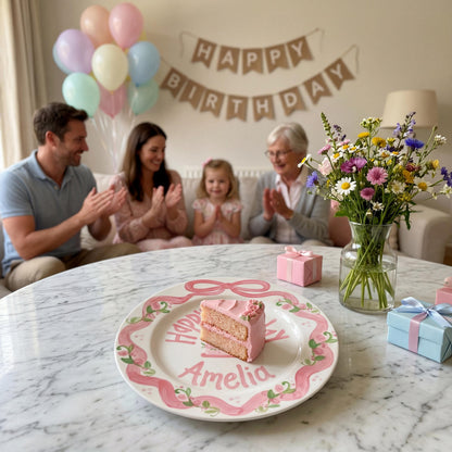 Personalized Birthday Plate – Pink Bow Floral Ribbon & Cake Design | B060