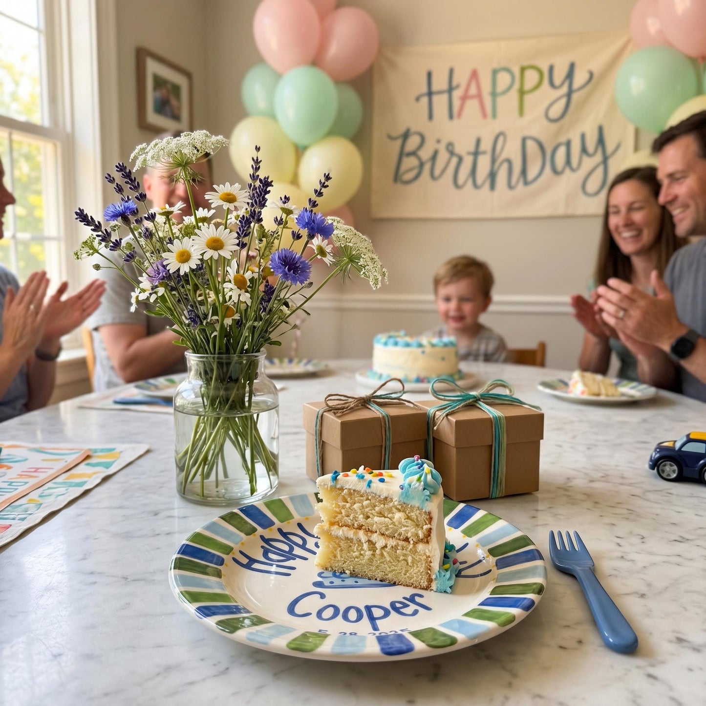 Personalized Birthday Plate – Blue Cake & Green Blue Striped Border Design | B049