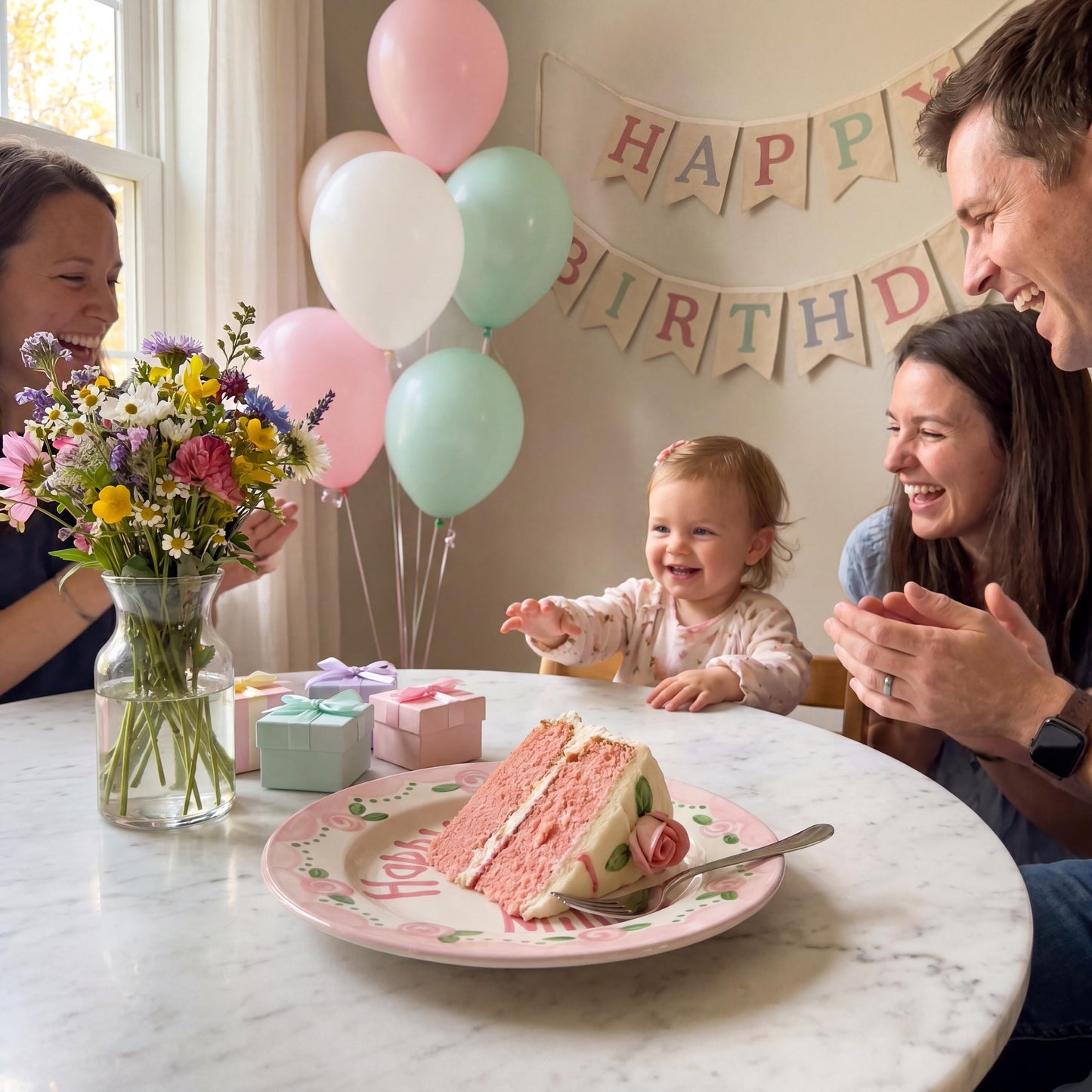 Personalized Birthday Plate – Pink Rose Garland & Cake Design | B063