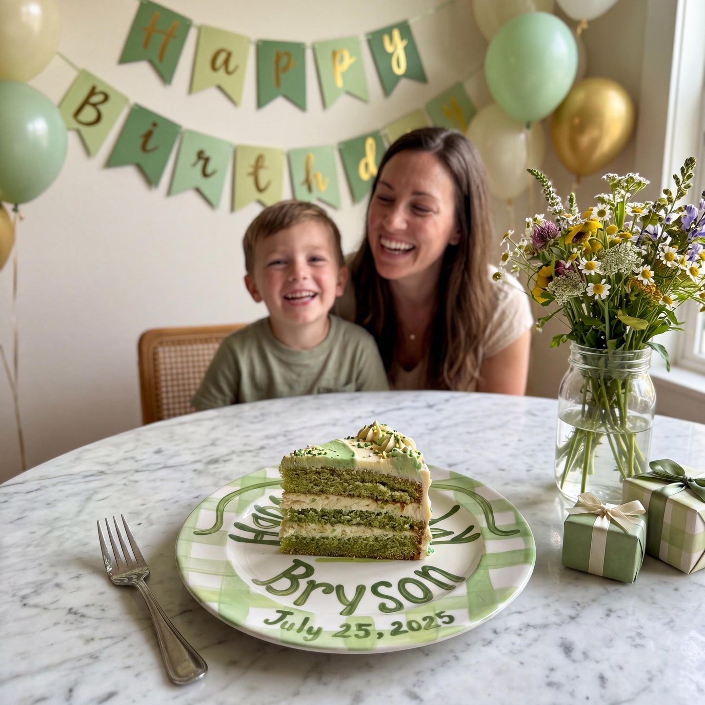 Personalized Birthday Plate – Green Gingham Bow & Cake Design | B058