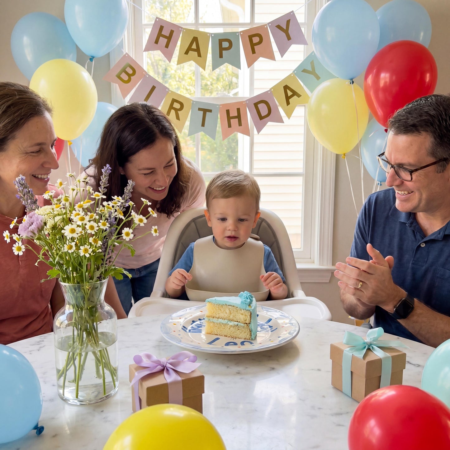 Personalized Birthday Plate – Blue Scalloped Edge with Balloons & Dots | B068